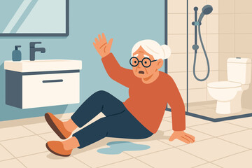 Elderly woman falling bathroom accident. Senior citizen slip danger. Wet floor hazard. Home safety injury risk. Grandmother down. Medical emergency help. Domestic incident prevention concept.