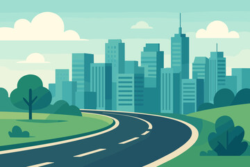 Modern flat design vector illustration of a winding road leading to a vibrant city skyline. Urban landscape with skyscrapers, trees, and clouds. Concept of journey, destination, future, progress.