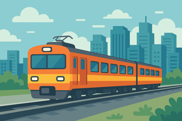 Modern flat design vector illustration of an orange city train on a railway track with urban cityscape background. Public transport, commuter journey, and travel concept.
