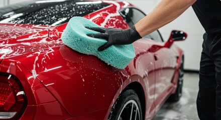 Detailed Photo Car Washing With Red Car And Blue Cleaning Sponge