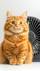 Obraz premium Fluffy Orange Cat Sitting in Front of Fan on White Background for Summer Relief