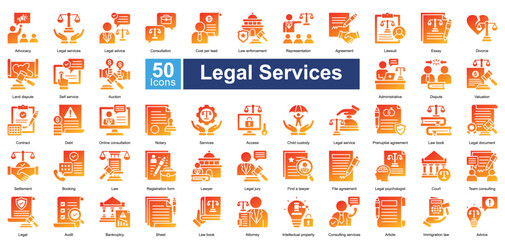 Legal Services icon set contains 50 icons including access, child custody, legal service, prenuptial agreement, law book, legal document, settlement, booking, simple vector glyph gradient style.