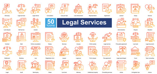 Legal Services icon set contains 50 icons including lawsuit, essay, divorce, land dispute, self service, auction, administrative, dispute, valuation, simple vector line gradient style.
