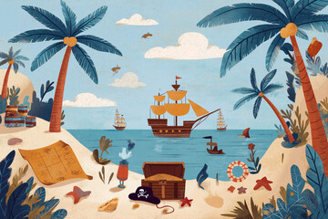 Pirate treasure hunt on the beach with symbolic maps, hats, and palm trees, primitive flat style.