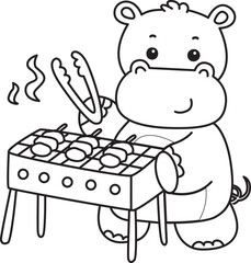 Outline of Cute hippo icon. Lineart of Funny baby hippo animal series stock illustration. life of fluffy hippo designs.
