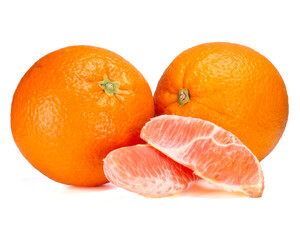 Two fresh sweet whole oranges and two slices in front of them on a white background. Suitable for advertising, vitamin C illustrations, and healthy lifestyle.