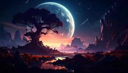 A dark alien landscape under shattered moon fragments, with twisted metallic trees and eerie ambient light. A hauntingly beautiful, futuristic terrain. Perfect for 4K sci-fi wallpaper scenes.