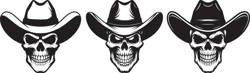 Western Cowboy Skull Illustrations – Detailed Black and White Skeleton Art with Cowboy Hats – Spooky Tattoo and Sticker Designs for Gothic, Horror, and Halloween Themes