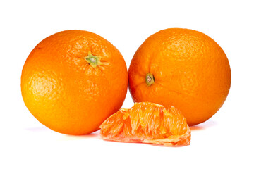 Two fresh sweet whole oranges and a slice in front of them with tempting flesh details on a white background. Suitable for advertising, vitamin C illustrations, and healthy lifestyle.