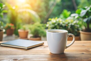 Morning coffee on wooden table with lush green background