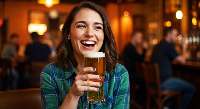 Woman laughing holding a glass of beer. She's sitting at a bar and is happy. Friends and bokeh lights in background add to atmosphere.