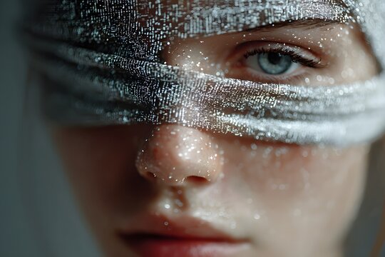 Nahaufnahme eines weiblichen Gesichts mit glitzernder Augenbinde &ndash; Symbolbild f&uuml;r digitale Wahrnehmung und Zukunft
