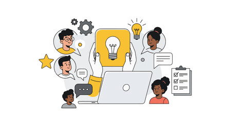 Flat vector illustration of a diverse group of professionals brainstorming creative ideas in a modern office setting. Concept for teamwork, innovation, and strategic planning.