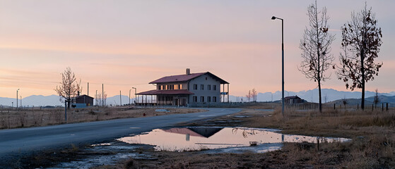 Sunrise Over Empty Construction Site With Single Building