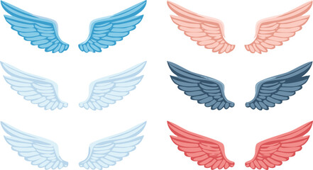 Vector Set of Stylized Angel Wings in Gradient Colors with Detailed Feathers on White Background