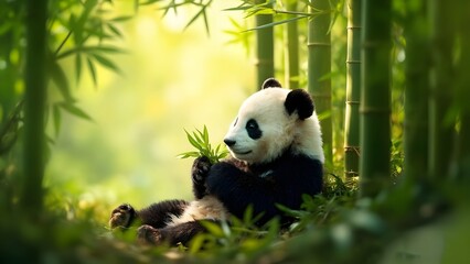 Obraz premium Peaceful Panda with Bamboo in Forest Light