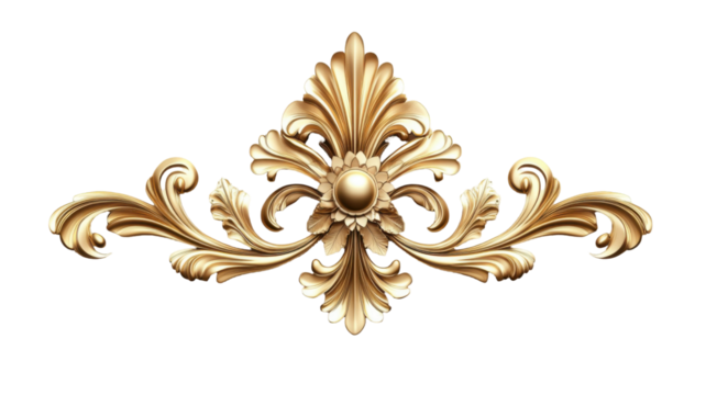 Golden Decorative Element with Elegant Ornamental Design and Shiny Metallic Finish Isolated on White Background