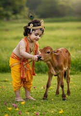 Photo Cute Baby Krishna with Calf in Green Field Illustration