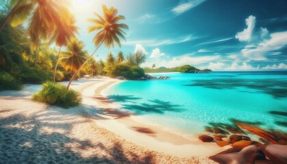Tropical island paradise with palm trees, a sandy beach, and clear ocean water under a summer sky