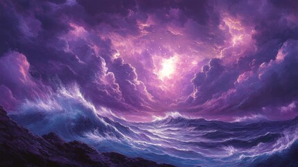 Purple Sunset Over Dramatic Ocean Waves