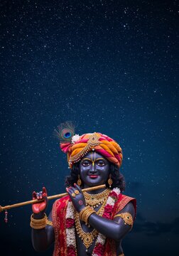 Photo Lord Krishna Plays Flute under Starry Night Sky