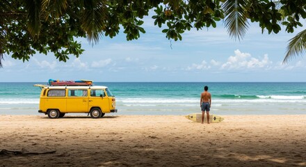 Photo Man with Surfboard near Yellow Van on Beach Ocean View