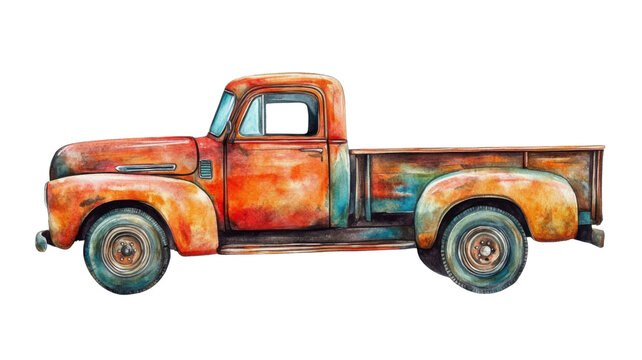 Fototapeta Vintage Pickup Truck Watercolor Illustration with Rustic Classic Vehicle Isolated on White Background