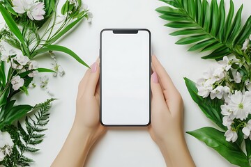 Holding Phone with Blank Screen Surrounded by Flowers and Leaves Design