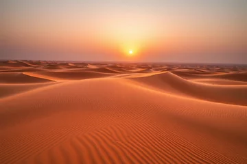 Selbstklebende Fototapeten Experience the serene majesty of a desert sunset. Golden light bathes endless rolling sand dunes, highlighting intricate wind-carved patterns. This vast, tranquil landscape evokes peace, solitude, and © svetjekolem