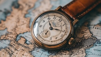 Vintage watch resting on an antique map, symbolizing travel and timeless journey