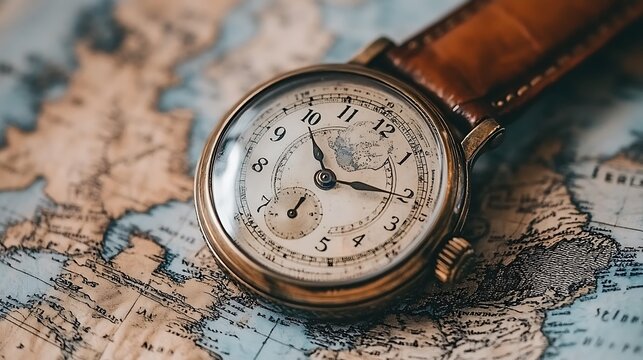 Vintage watch resting on an antique map, symbolizing travel and timeless journey