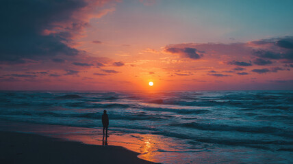 Alone at the edge of the sea, a person watches colors of sunset dance across waves