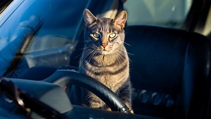 Tabby Cat in Car, Sitting in Driver Seat, Looking at Viewer.