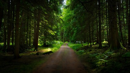 Obraz premium Enchanted Forest Path: A Mystical Journey Through Dense Green Woods.