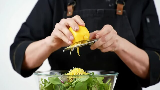 Chef Grating Lemon Zest Above Salad Bowl Against White Backdrop