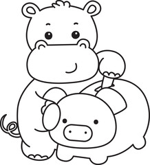 Obraz premium Outline of Cute hippo icon. Coloring page of Funny baby hippo animal series stock illustration. life of fluffy hippo designs.