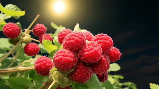 raspberry fruits branch in sunlight moring to night