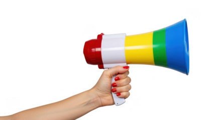 Hand holding rainbow megaphone isolated on transparent background