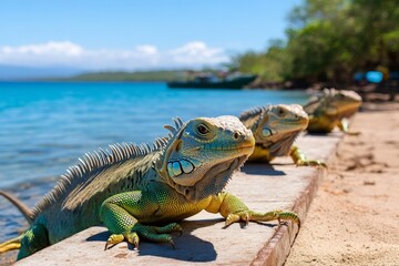 Fototapeta premium Iguanas sunbathing on a concrete block by the beach