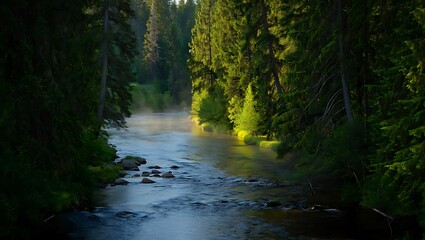 Obraz premium Tranquil River Flowing Through a Verdant Forest on a Misty Morning.