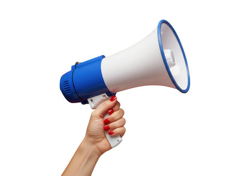 Woman's hand holding megaphone isolated on transparent background
