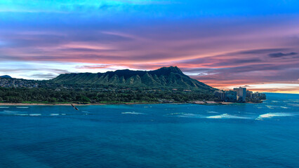 Aerial panoramic views of Waikiki & Mountains Honolulu Hawaii 