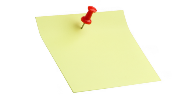 Yellow sticky note with red push pin isolated on transparent background
