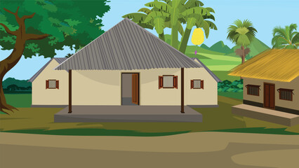 Indian Village Landscape Vector | Cartoon Style Rural Tin Shade Houses, Trees, and Fields for Animation and Educational Use