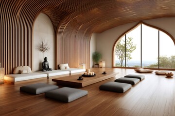 Modern minimalist empty yoga studio with wooden ceiling and buddha statue
