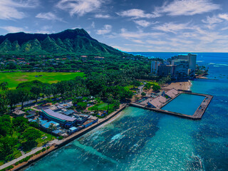 Aerial panoramic views of Waikiki & Mountains Honolulu Hawaii 