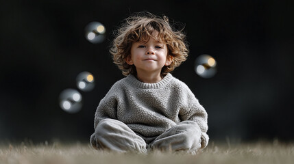Dreamy portrait of a young child with curly hair, sitting crosslegged outdoors amid floating bubbles. Warm colors, soft light. Evokes innocence, playfulness, and carefree joy.