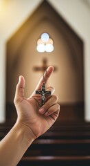 Hand Holding Wooden Cross Inside Church Religious Faith Symbol