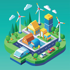 isometric view of a modern city with wind turbines