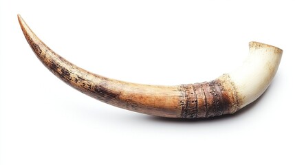 A curved, light brownish-tan animal horn, possibly ivory, with dark brown bands near the base, isolated on white